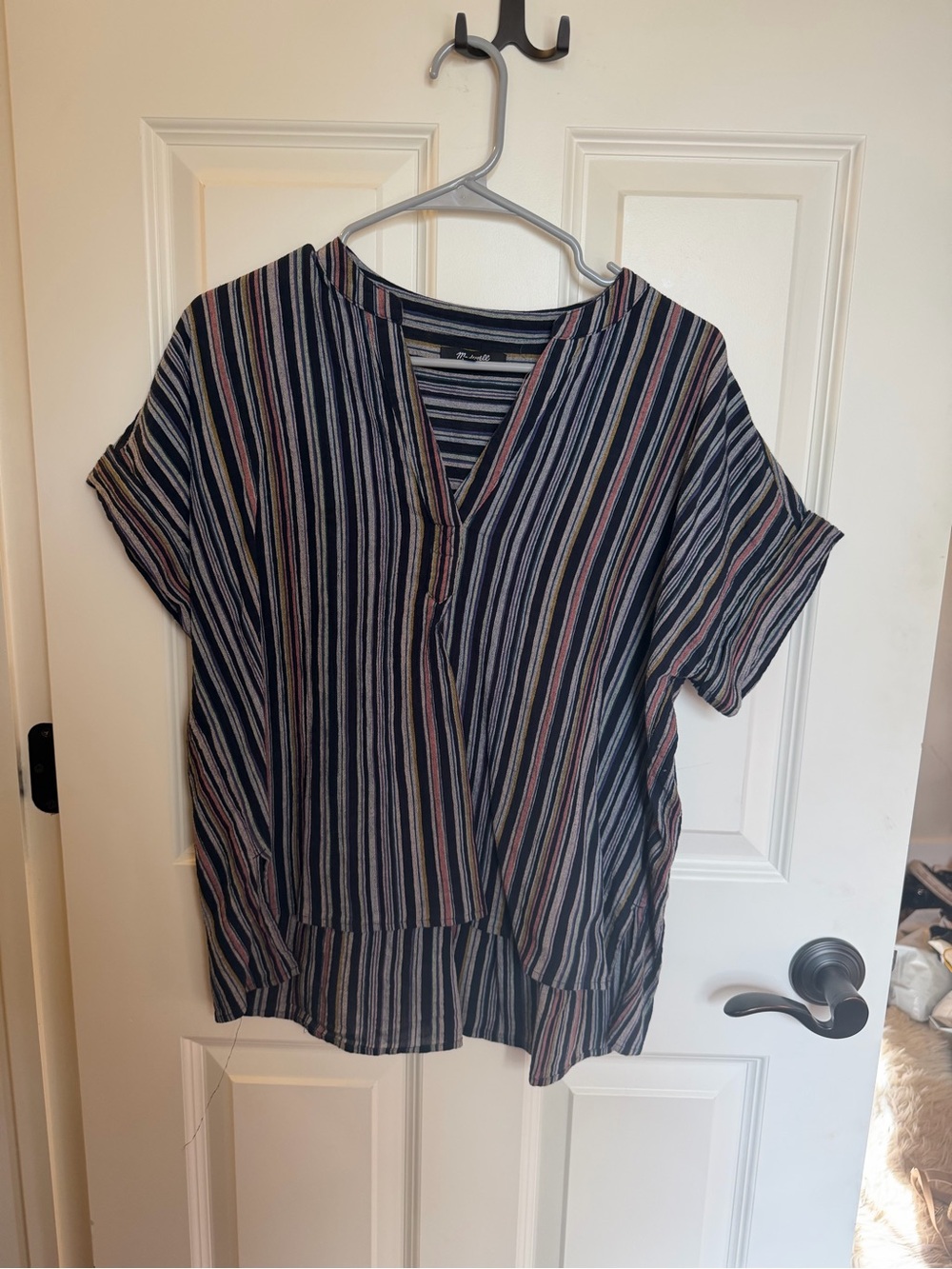Madewell Navy Striped V-Neck Short Sleeve Blouse